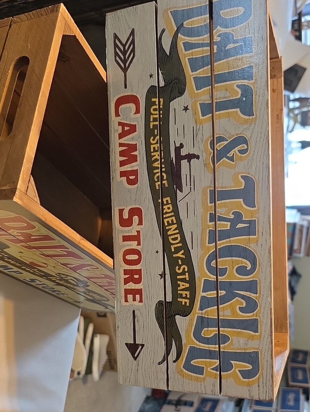 Ashland Wooden Camp Store Crate with Blue, Red, Yellow, Brown Accents
